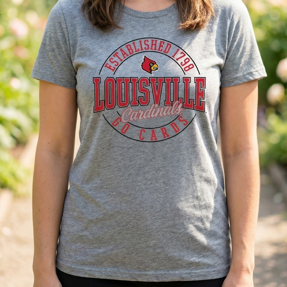 Captivating Louisville Cardinals Womens Heather Gray Graphic T-Shirt NWT Small‎